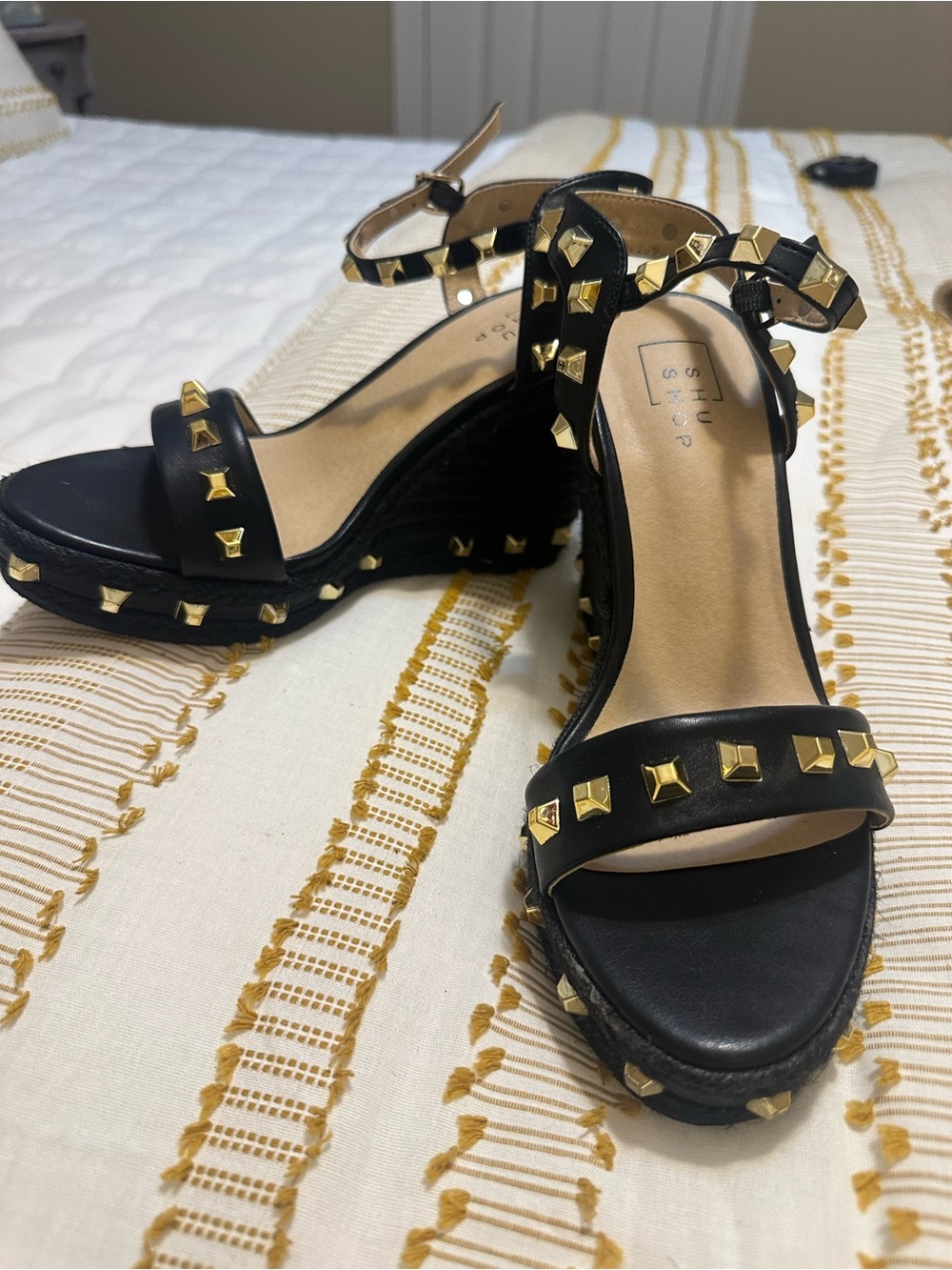 Black Studded Ankle-Strap Wedge Sandals